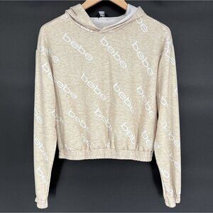 Bebe Women's Lightweight Cropped Hooded Sweatshirt L Beige Activewear Loungewear